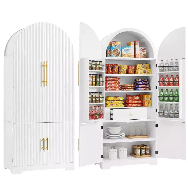 Meuble de rangement haut de cuisine de 183 cm de hauteur avec arche, comprenant 8 étagères de porte et un compartiment de rangement encastré avec 3 étagères réglables, blanc