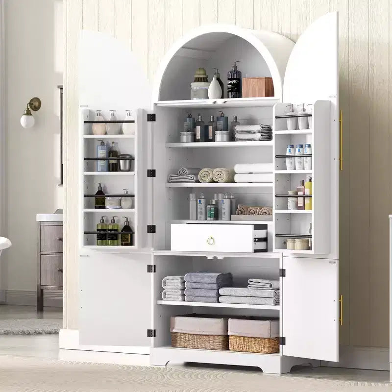 Meuble de rangement haut de cuisine de 183 cm de hauteur avec arche, comprenant 8 étagères de porte et un compartiment de rangement encastré avec 3 étagères réglables, blanc