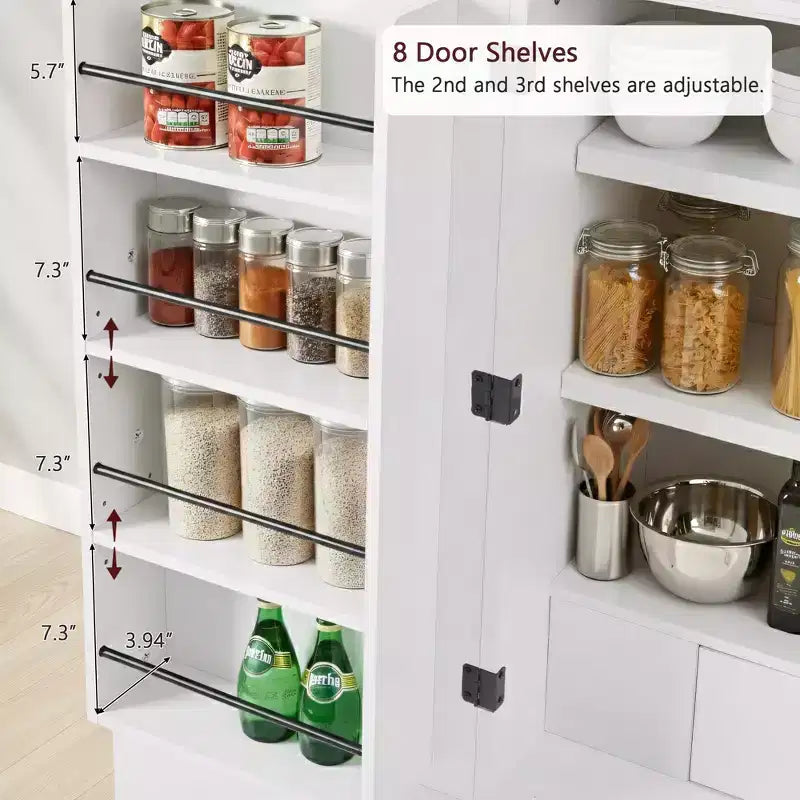 Meuble de rangement haut de cuisine de 183 cm de hauteur avec arche, comprenant 8 étagères de porte et un compartiment de rangement encastré avec 3 étagères réglables, blanc