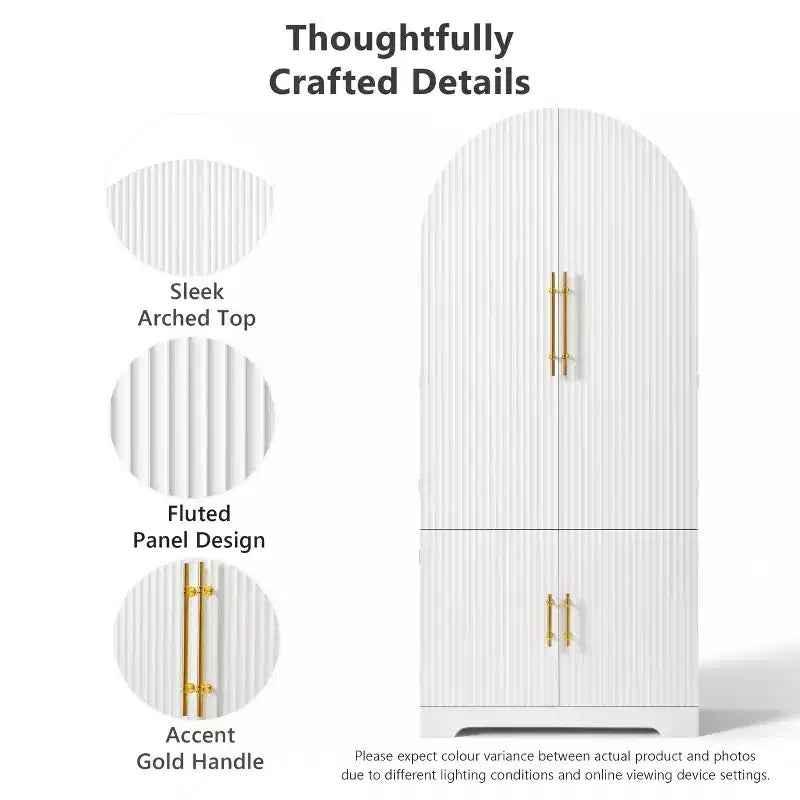 Meuble de rangement haut de cuisine de 183 cm de hauteur avec arche, comprenant 8 étagères de porte et un compartiment de rangement encastré avec 3 étagères réglables, blanc