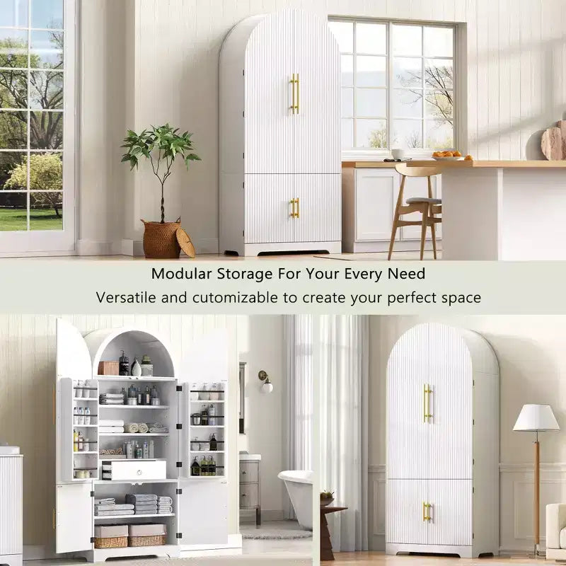 Meuble de rangement haut de cuisine de 183 cm de hauteur avec arche, comprenant 8 étagères de porte et un compartiment de rangement encastré avec 3 étagères réglables, blanc