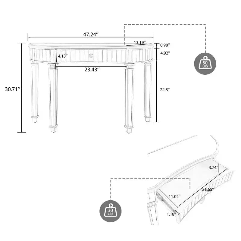Console miroir moderne de 119 cm avec tiroir de rangement, table d'entrée demi-lune pour couloir, dressing ou salon