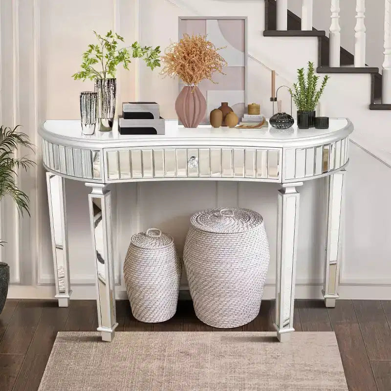 Console miroir moderne de 119 cm avec tiroir de rangement, table d'entrée demi-lune pour couloir, dressing ou salon