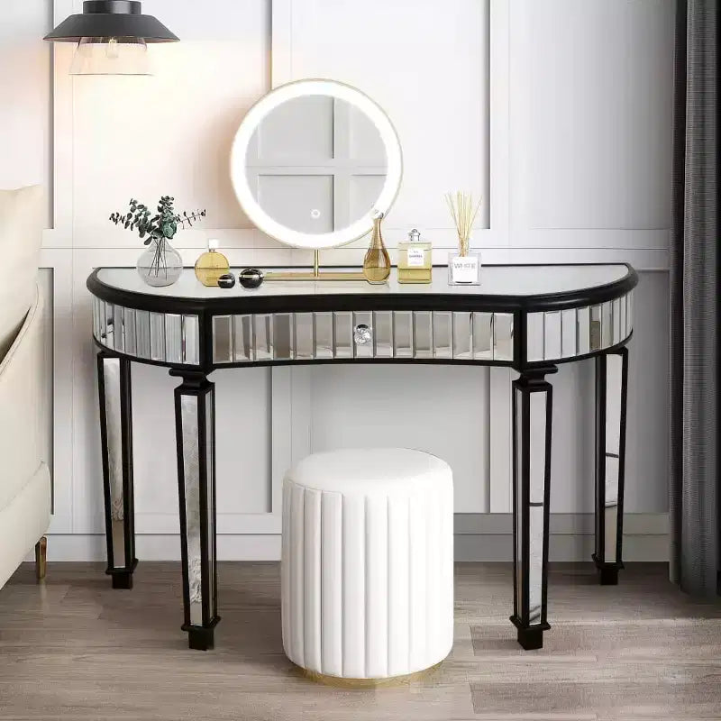 Console miroir moderne de 119 cm avec tiroir de rangement, table d'entrée demi-lune pour couloir, dressing ou salon