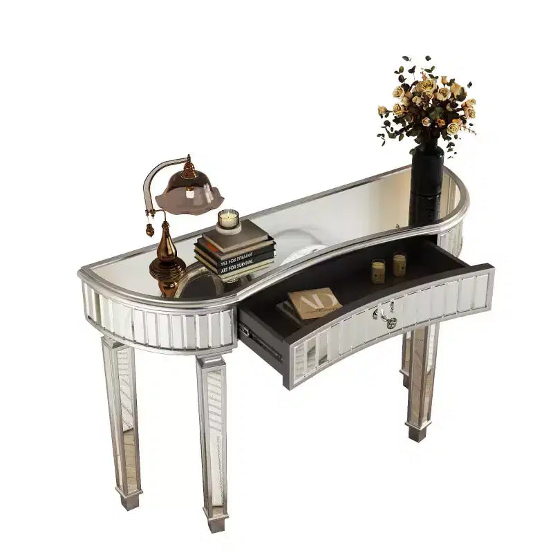 Console miroir moderne de 119 cm avec tiroir de rangement, table d'entrée demi-lune pour couloir, dressing ou salon