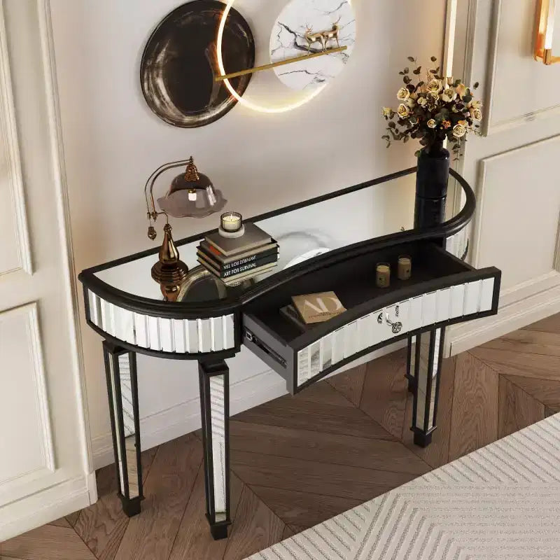 Console miroir moderne de 119 cm avec tiroir de rangement, table d'entrée demi-lune pour couloir, dressing ou salon
