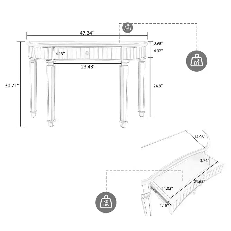 Console miroir moderne de 119 cm avec tiroir de rangement, table d'entrée demi-lune pour couloir, dressing ou salon