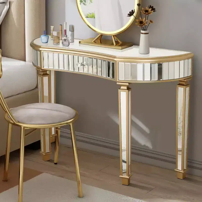 Console miroir moderne de 119 cm avec tiroir de rangement, table d'entrée demi-lune pour couloir, dressing ou salon
