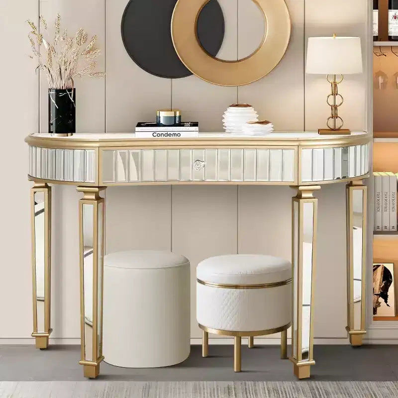 Console miroir moderne de 119 cm avec tiroir de rangement, table d'entrée demi-lune pour couloir, dressing ou salon