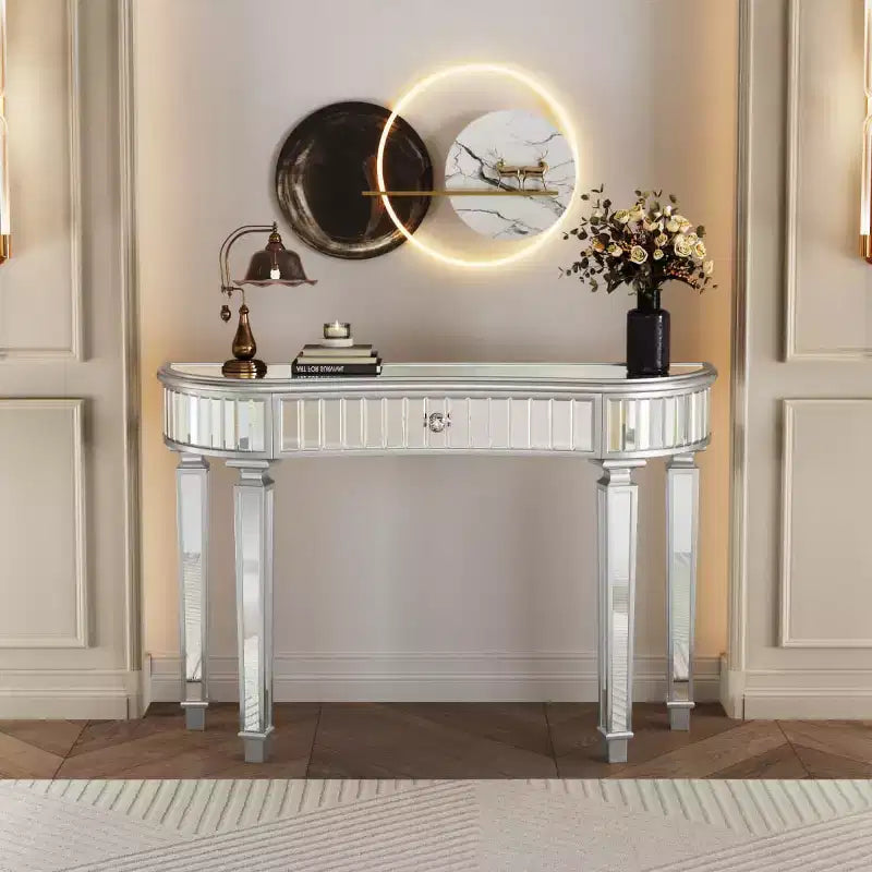 Console miroir moderne de 119 cm avec tiroir de rangement, table d'entrée demi-lune pour couloir, dressing ou salon