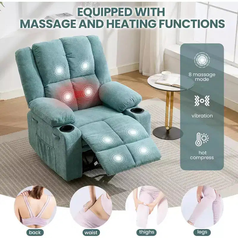 Fauteuil inclinable manuel avec massage par vibration et chauffage lombaire,Canapé simple avec poche latérale,Fauteuil à bascule avec porte-gobelet,Fauteuil inclinable pour chambre à coucher