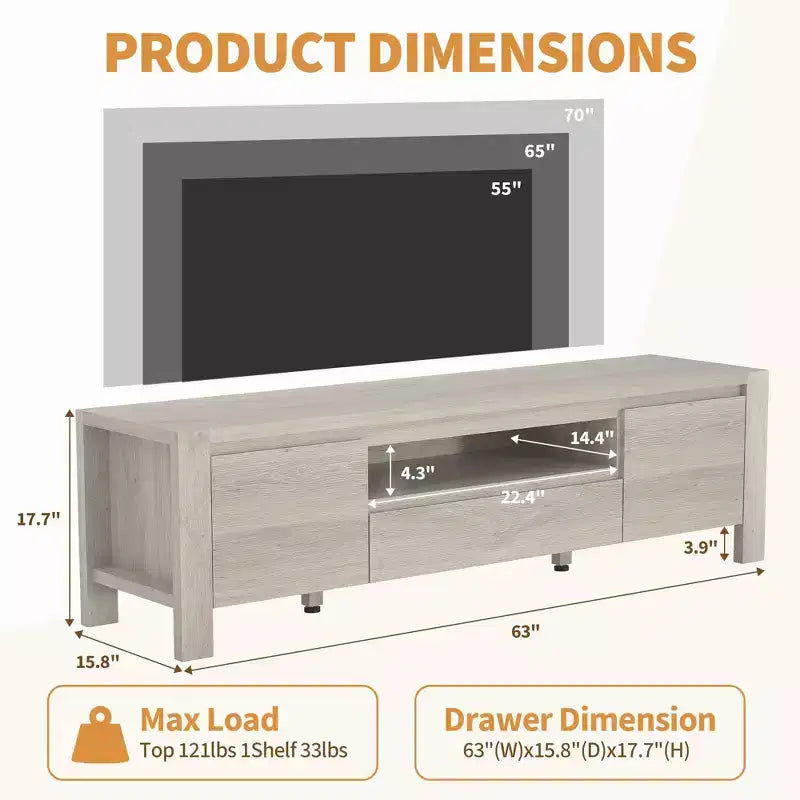 Meuble TV de ferme de 63 pouces avec armoire, meuble de divertissement pour téléviseurs jusqu'à 70 pouces, aucun assemblage requis, finition naturelle