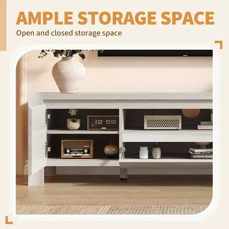 Meuble TV de ferme de 63 pouces avec armoire, meuble de divertissement pour téléviseurs jusqu'à 70 pouces, aucun assemblage requis, finition naturelle