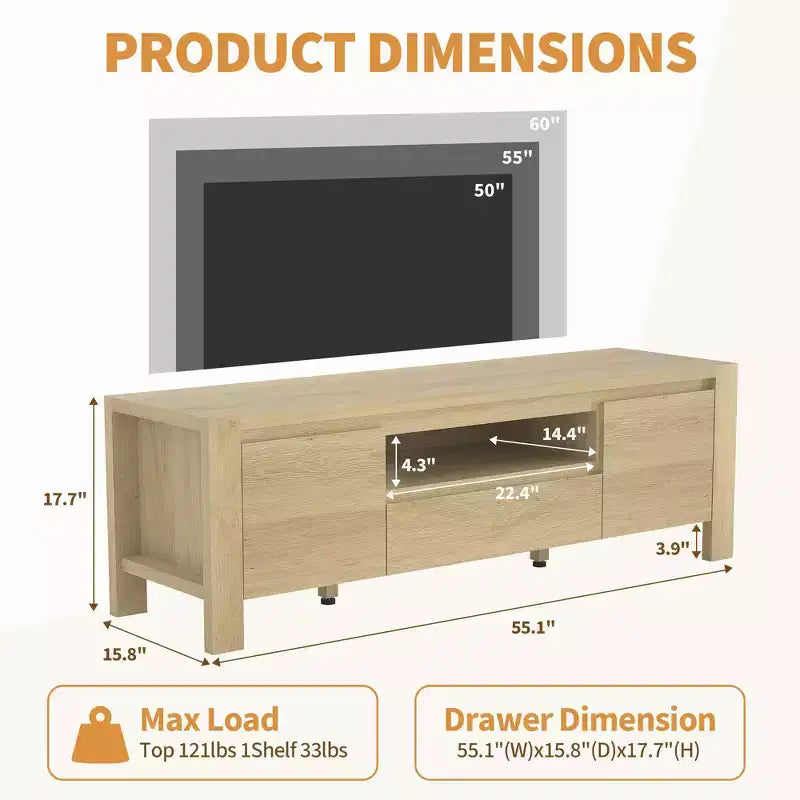 Meuble TV de ferme de 63 pouces avec armoire, meuble de divertissement pour téléviseurs jusqu'à 70 pouces, aucun assemblage requis, finition naturelle