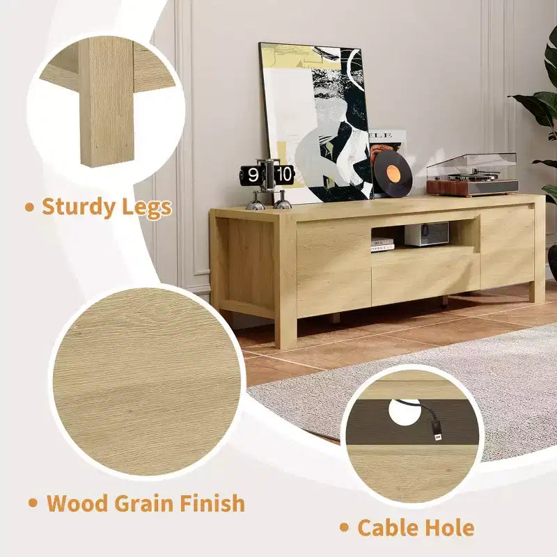 Meuble TV de ferme de 63 pouces avec armoire, meuble de divertissement pour téléviseurs jusqu'à 70 pouces, aucun assemblage requis, finition naturelle