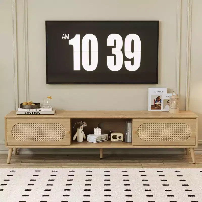 Meuble TV naturel de 180 cm pour téléviseurs jusqu'à 80 pouces, console multimédia avec pieds en bois massif pour salon et home cinéma