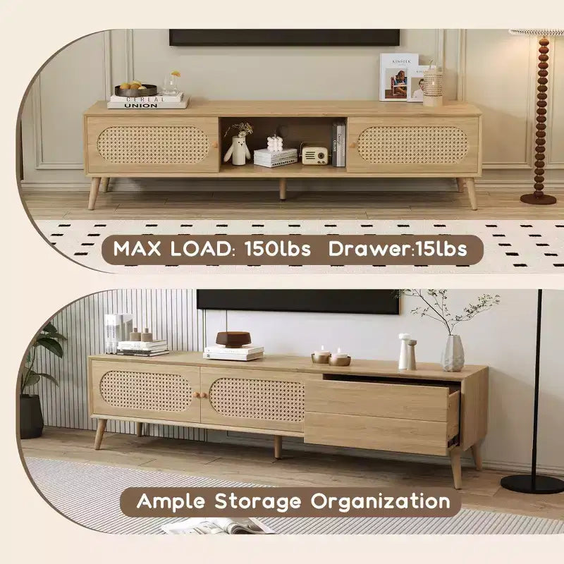 Meuble TV naturel de 180 cm pour téléviseurs jusqu'à 80 pouces, console multimédia avec pieds en bois massif pour salon et home cinéma