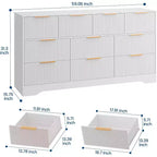 Commode cannelée à 10 tiroirs avec poignées dorées, organisateur de rangement long et moderne, rangement élégant pour chambre à coucher, salon, entrée