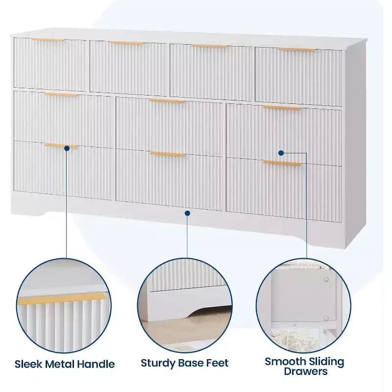 Commode cannelée à 10 tiroirs avec poignées dorées, organisateur de rangement long et moderne, rangement élégant pour chambre à coucher, salon, entrée