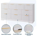 Commode cannelée à 10 tiroirs avec poignées dorées, organisateur de rangement long et moderne, rangement élégant pour chambre à coucher, salon, entrée