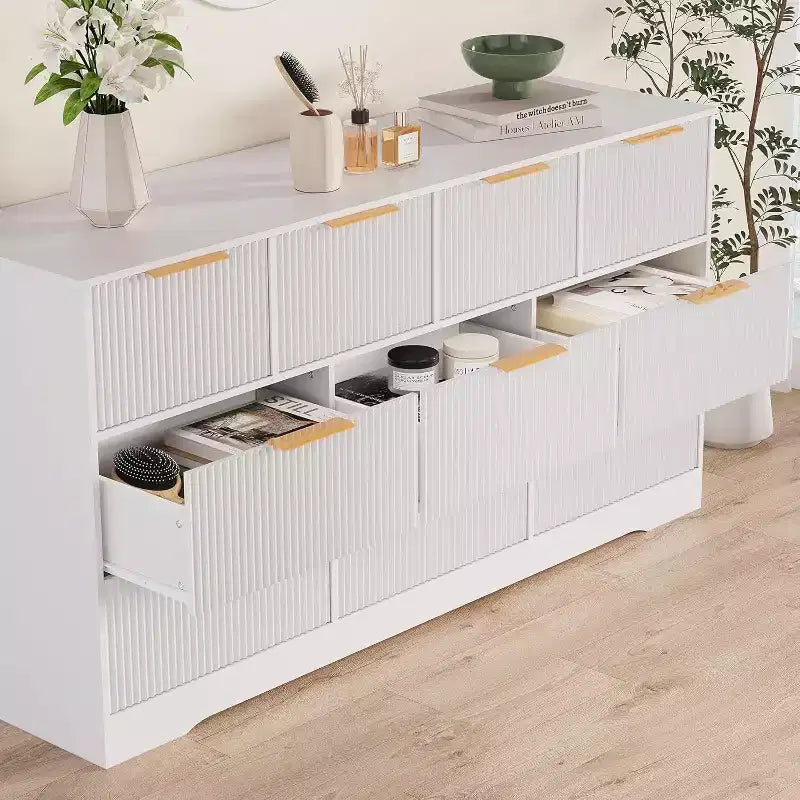 Commode cannelée à 10 tiroirs avec poignées dorées, organisateur de rangement long et moderne, rangement élégant pour chambre à coucher, salon, entrée