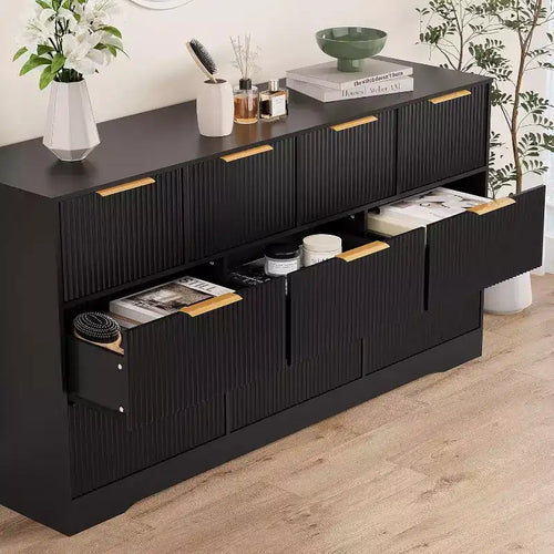 Commode cannelée à 10 tiroirs avec poignées dorées, organisateur de rangement long et moderne, rangement élégant pour chambre à coucher, salon, entrée
