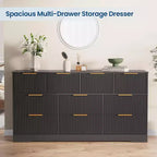 Commode cannelée à 10 tiroirs avec poignées dorées, organisateur de rangement long et moderne, rangement élégant pour chambre à coucher, salon, entrée