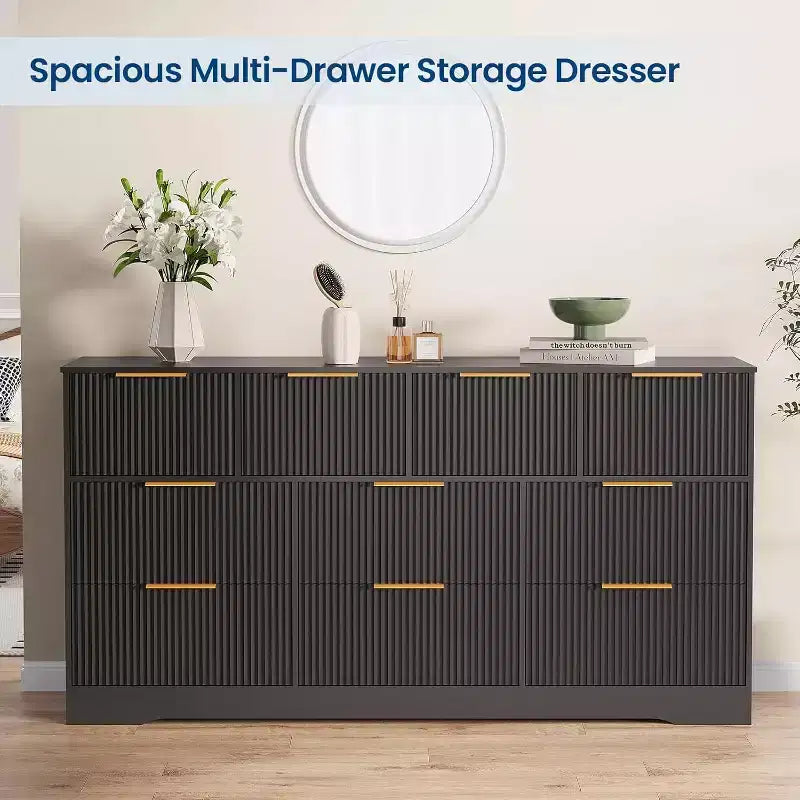 Commode cannelée à 10 tiroirs avec poignées dorées, organisateur de rangement long et moderne, rangement élégant pour chambre à coucher, salon, entrée
