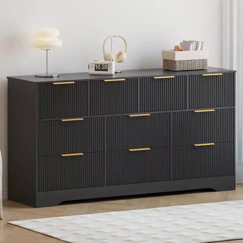 Acekool 10-Drawer Fluted Dresser with Gold Handles, Modern Long Chest Organizer, Stylish Storage for Bedroom, Living Room, Entryway