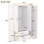 Armoire 3 portes avec miroir, 2 tiroirs, étagères de rangement et tringle à vêtements