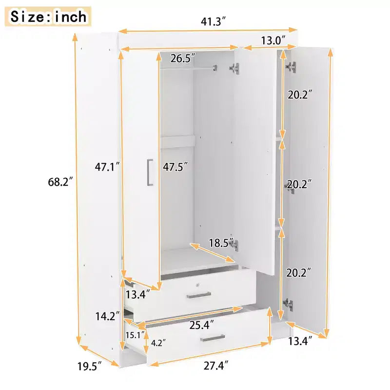Armoire 3 portes avec miroir, 2 tiroirs, étagères de rangement et tringle à vêtements