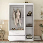 Armoire 3 portes avec miroir, 2 tiroirs, étagères de rangement et tringle à vêtements