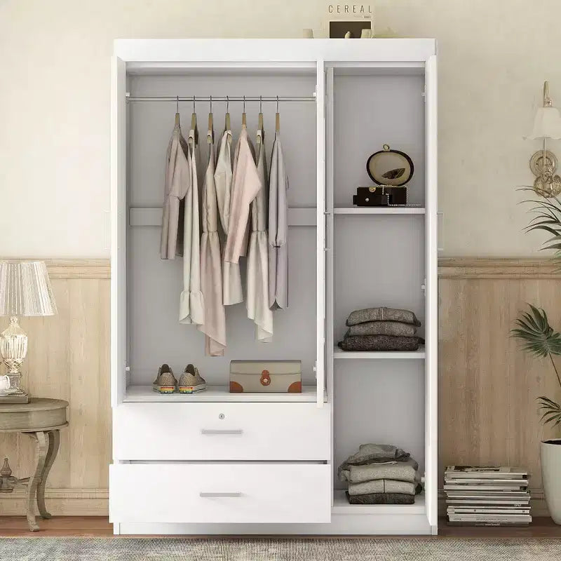 Armoire 3 portes avec miroir, 2 tiroirs, étagères de rangement et tringle à vêtements