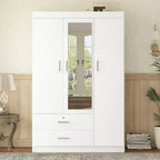 Armoire 3 portes avec miroir, 2 tiroirs, étagères de rangement et tringle à vêtements