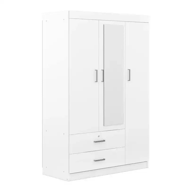 Armoire 3 portes avec miroir, 2 tiroirs, étagères de rangement et tringle à vêtements
