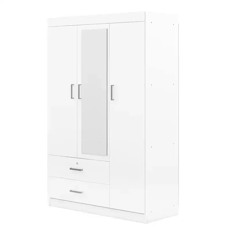 Armoire 3 portes avec miroir, 2 tiroirs, étagères de rangement et tringle à vêtements