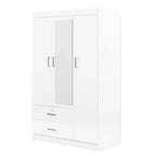 Armoire 3 portes avec miroir, 2 tiroirs, étagères de rangement et tringle à vêtements