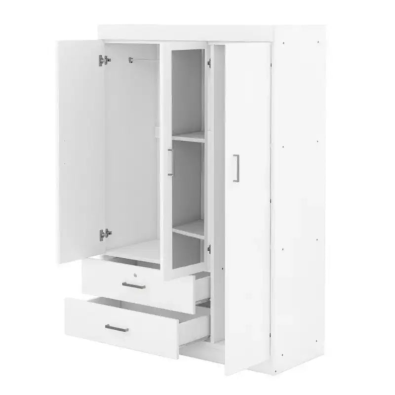 Armoire 3 portes avec miroir, 2 tiroirs, étagères de rangement et tringle à vêtements