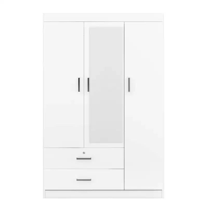 Armoire 3 portes avec miroir, 2 tiroirs, étagères de rangement et tringle à vêtements