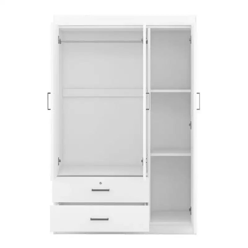 Armoire 3 portes avec miroir, 2 tiroirs, étagères de rangement et tringle à vêtements