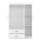 Armoire 3 portes avec miroir, 2 tiroirs, étagères de rangement et tringle à vêtements