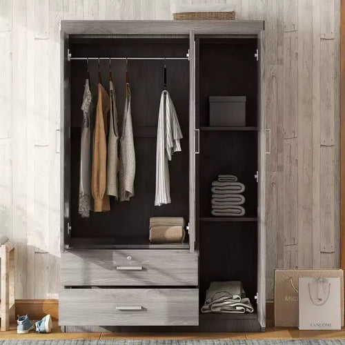 Armoire 3 portes avec miroir, 2 tiroirs, étagères de rangement et tringle à vêtements