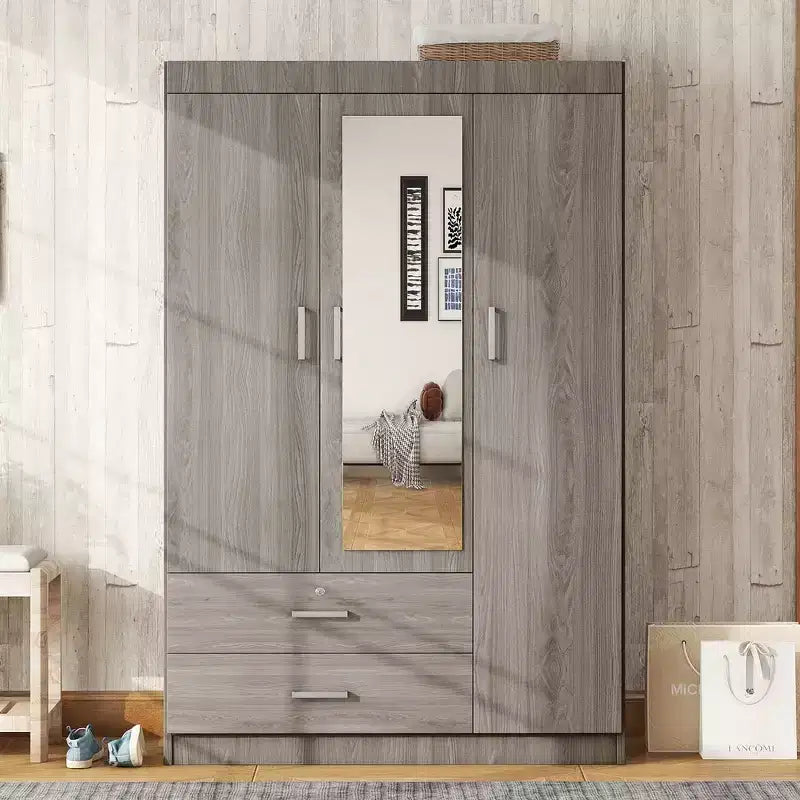 Armoire 3 portes avec miroir, 2 tiroirs, étagères de rangement et tringle à vêtements