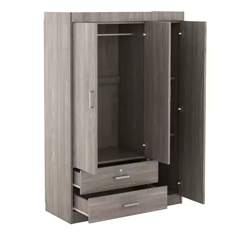 Armoire 3 portes avec miroir, 2 tiroirs, étagères de rangement et tringle à vêtements