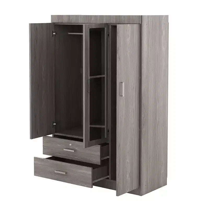 Armoire 3 portes avec miroir, 2 tiroirs, étagères de rangement et tringle à vêtements