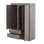 Armoire 3 portes avec miroir, 2 tiroirs, étagères de rangement et tringle à vêtements