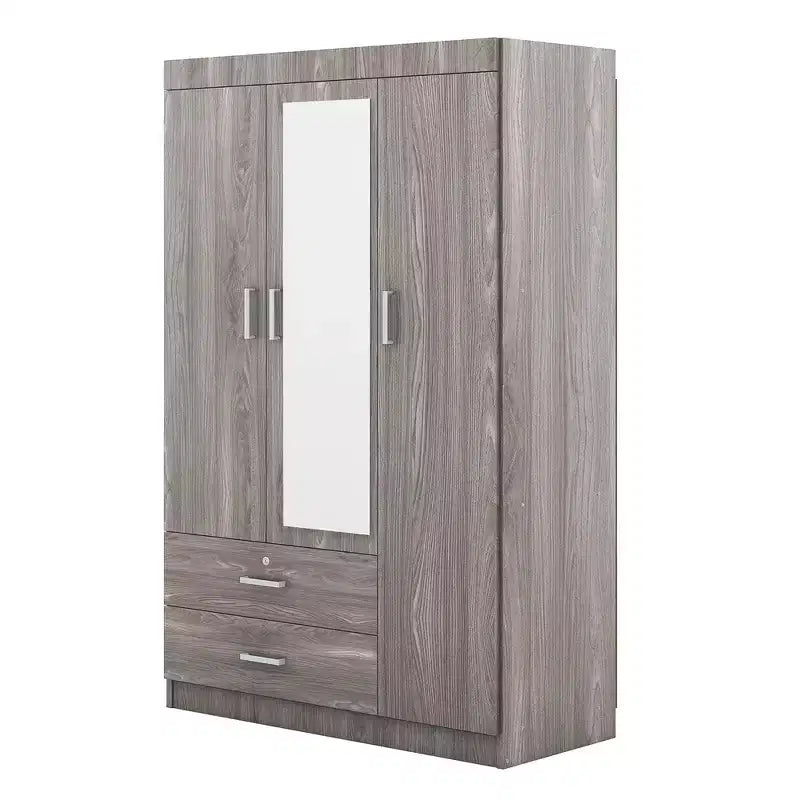 Armoire 3 portes avec miroir, 2 tiroirs, étagères de rangement et tringle à vêtements