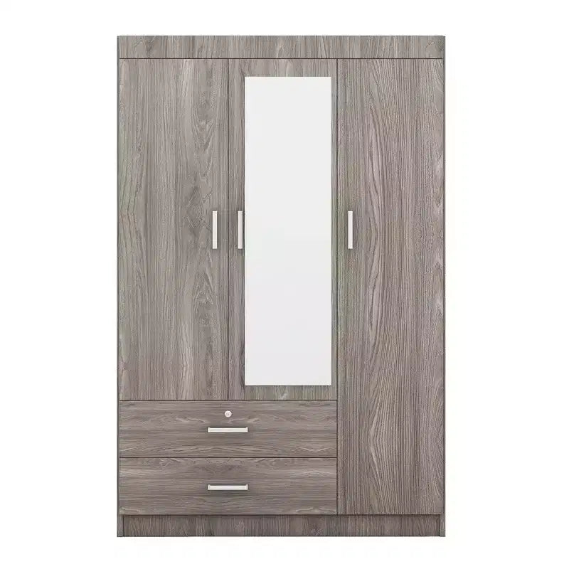 Armoire 3 portes avec miroir, 2 tiroirs, étagères de rangement et tringle à vêtements