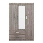Armoire 3 portes avec miroir, 2 tiroirs, étagères de rangement et tringle à vêtements