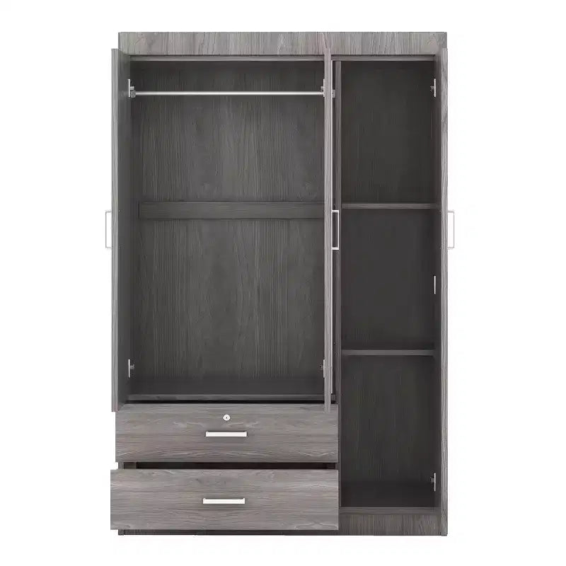 Armoire 3 portes avec miroir, 2 tiroirs, étagères de rangement et tringle à vêtements